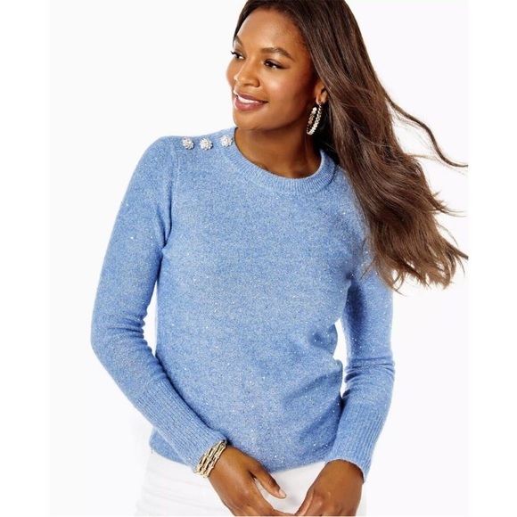 Lilly Pulitzer Blue Crewneck Morgen Sweater with Sparkles Buttons Size Large - Picture 7 of 7